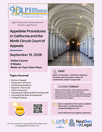 Appellate Procedures in California and The Ninth Circuit Court of Appeals Course Commencing September 15, 2026