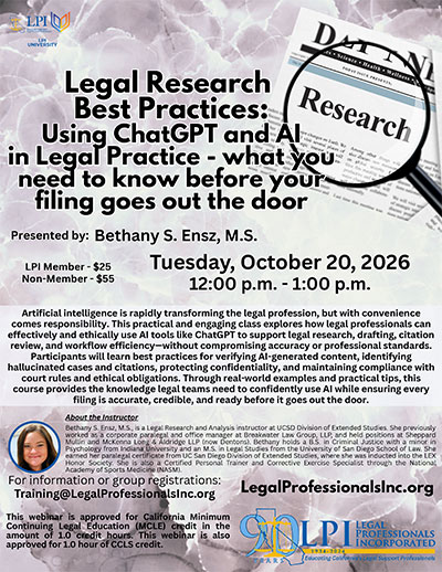 Webinar - Legal Research Best Practices: Using ChatGPT and AI in Legal Practice what you need to know before your filing goes out the door - October 20, 2026