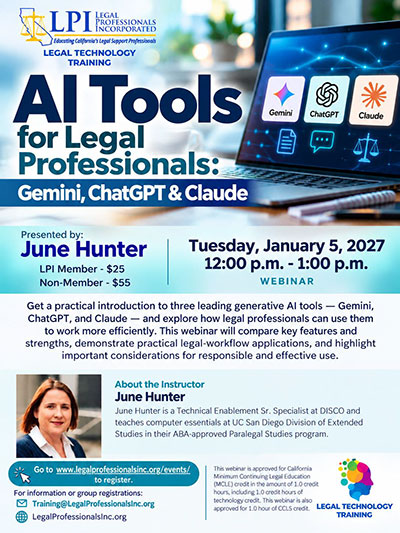 Webinar - AI Tools for Legal Professionals: Gemini, ChatGPT & Claude - January 5, 2027