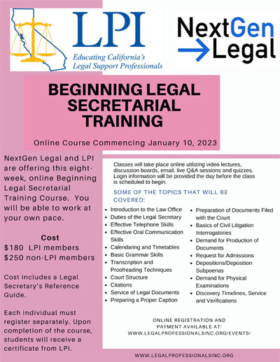 Beginning Legal Secretarial Training Online Course Commencing January 10, 2023