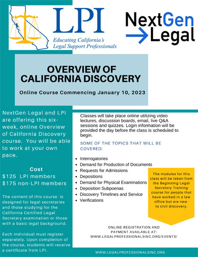 Overview of California Discovery Online Class Commencing January 10, 2023