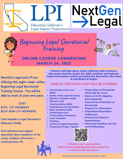 Beginning Legal Secretarial Training Online Course Commencing March 14, 2023