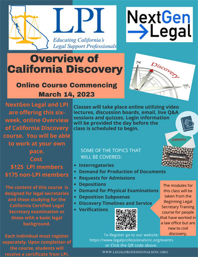 Overview of California Discovery Online Class Commencing March 14, 2023
