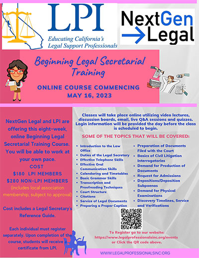 Beginning Legal Secretarial Training Online Course Commencing May 16, 2023