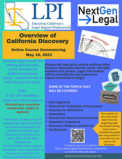 Overview of California Discovery Online Class Commencing March 14, 2023