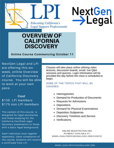 Overview of California Discovery Online Class Commencing October 11, 2022